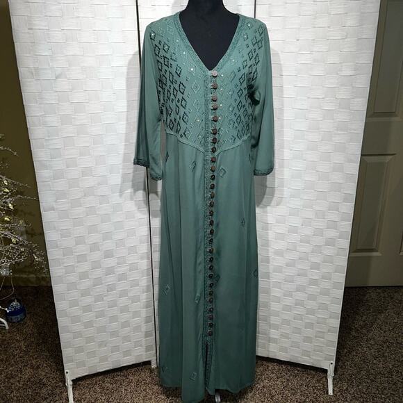 Soft Surroundings Dresses & Skirts - Soft Surroundings Womens Embroidered Sequin Kaftan Maxi Dress Size Small Green